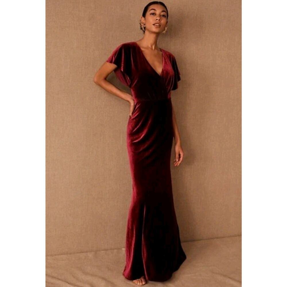 Jenny Yoo Ellis Velvet Open Back Dress Burgundy Size 2 Bridesmaid Gown Formal